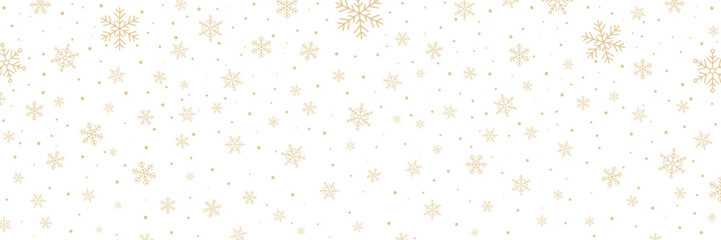 Christmas pattern. White background with gold snowflakes. Elegant winter texture for holiday, festive or New Year design. Cute golden design template. Vector illustration.