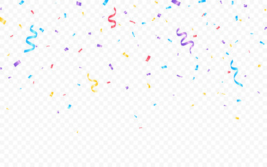 Confetti celebration background. Colorful serpentine ribbons on transparent backdrop. Party, birthday or festive design template. Bright paper streamers. Vector Illustration.