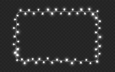 Christmas lights border glowing on transparent background. Silver festive rectangular frame for New Year or winter holiday design. White garland frame for poster or greeting card. Vector Illustration.