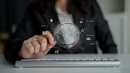 Global business network connecting digital economy and data exchange. Global business expands market, business shares data, global drives finance, and global business supports insight. Latch