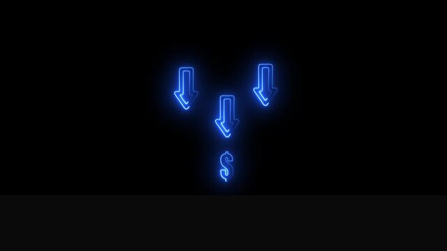 Three Blue Neon Arrows Pointing Downward Towards Dollar Sign On Black Background direction  4k video.
