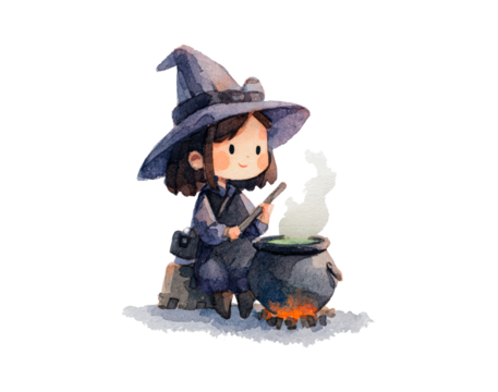 Cute young witch stirring cauldron with magic potion in witch hat on transparent background