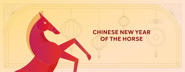 Chinese zodiac horse 2026 horizontal illustration. Red and gold geometric background with lanterns and festive motifs. Modern lunar new year card, poster or decorative calendar cover.