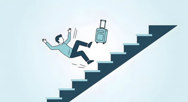 Man Falling Down Stairs with Suitcase Depicting Accidents & Travel Mishaps