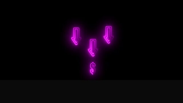 Three Pink Neon Arrows Pointing Downward Towards Dollar Sign On Black Background direction  4k video.