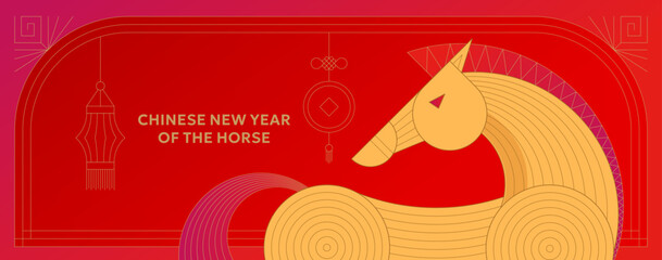 Zodiac horse 2026 new year vector. Horizontal red and golden design with lanterns, festive symbols and geometric patterns. Perfect for cards, posters or cultural celebration banners.