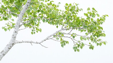 White-barked tree branch with vibrant green leaves against a white background