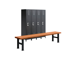 Metal lockers and wooden bench in empty changing room on transparent background