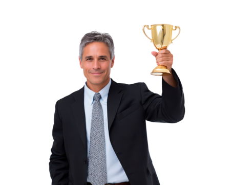 Confident mature male in suit holding trophy celebrating achievement on transparent background
