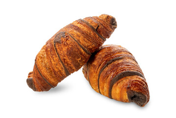 Chocolate croissant placed on top of another croissant isolated