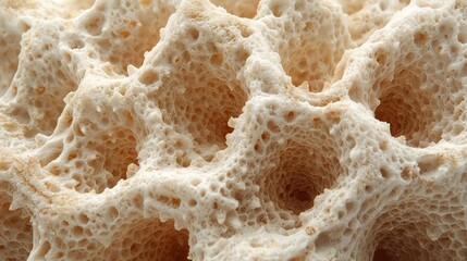 Detailed microscopic capture of coral skeleton structure, showing geometric ridges and porous details in beige and cream tones.
