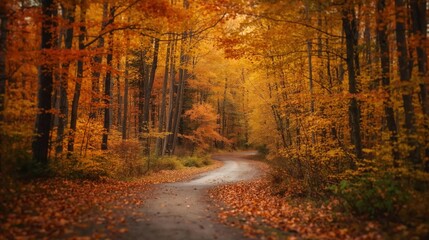 Obraz premium Realistic wide photo of forest path lined with orange and yellow autumn trees