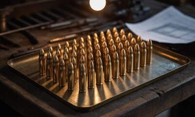 Brass rifle cartridges neatly arranged on a metal tray, in a workshop setting