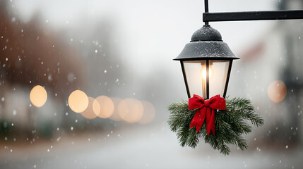 Winter lantern with red bow wreath and gentle snowfall for festive holiday decor