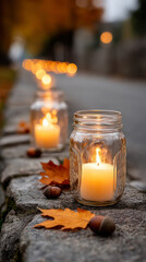 Autumn candlelit path with fall leaves and acorns on stone wall at dusk