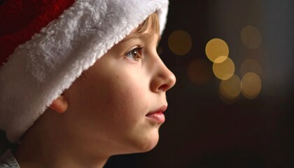 A boy in a Santa hat gazes thoughtfully out a window