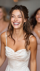 Joyful bride and bridesmaids laughing on dancefloor at wedding celebration