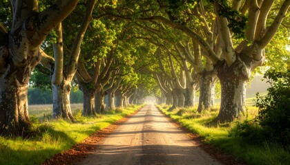 Sunlight-drenched tree-lined road