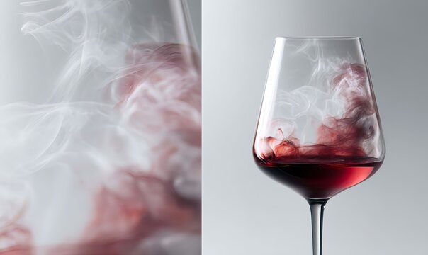A super close zoom of red wine swirling in glass while perfumed smoke drifts through the air