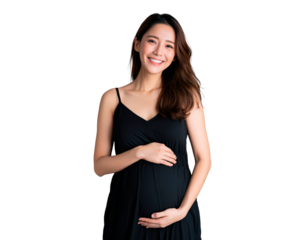 Smiling pregnant asian female in black dress embracing motherhood on transparent background