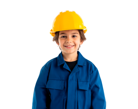 Smiling boy in blue coveralls and yellow hard hat on transparent background