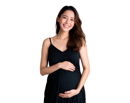 Smiling pregnant asian female in black dress embracing motherhood on transparent background - Powered by Adobe