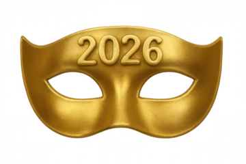 Masquerade mask representing new year 2026 celebration, a festive golden costume accessory on transparent background