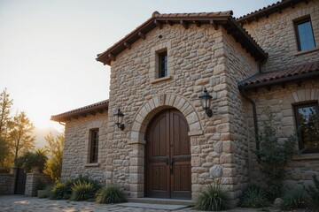 Elegant Stone House Exterior with Wooden Door and Sunset Light