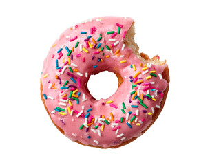Delicious pink donut with colorful sprinkles and a bite taken out on transparent background