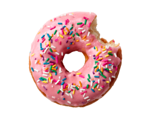 Delicious pink donut with colorful sprinkles and a bite taken out on transparent background