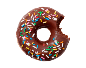 Chocolate donut with sprinkles and a bite missing on transparent background