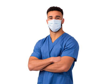 Young man healthcare worker in blue scrubs with face mask on transparent background