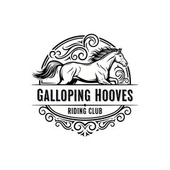 Vintage style logo for Galloping Hooves Riding Club featuring a dynamic horse illustration within an ornate circular frame.