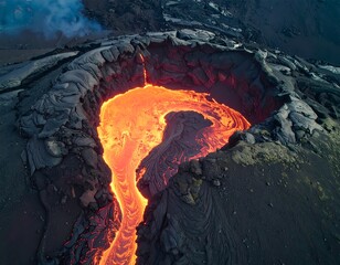 Molten lava flowing from a volcanic crater