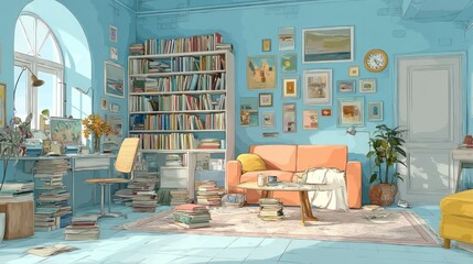 Cozy light blue living room with books, art, and comfortable furniture
