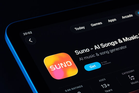 Suno AI Music app page on App Store for iPad, Apple Liquid Glass design in iOS 26 showcased with dark mode. Stafford, United Kingdom, September 29, 2025.
