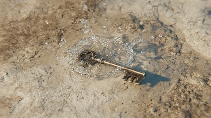 Antique key in water puddle