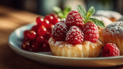 Delicate raspberry tarts and redcurrants adorned with mint leaves close-up view