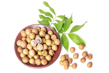 Top view of Fresh longan fruit with leaves in clay plate. Isolated on white background with copy space. Tropical Asian fruit. Suitable for editing and used for food and agriculture advertising.