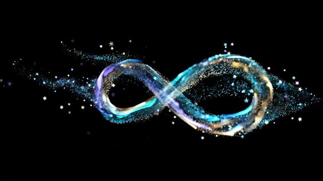 Abstract infinity symbol formed by glowing particles on black background
