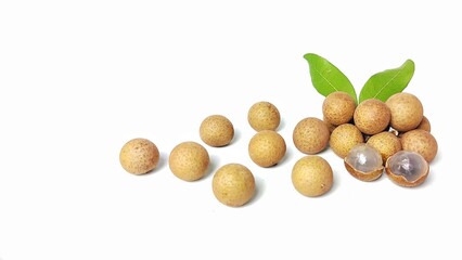 Fresh longan fruit with peeled and unpeeled fruit. Isolated on white background with copy space. Tropical Asian fruit. Suitable for editing and used for food and agriculture advertising