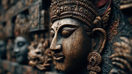 Detailed wooden carving showcasing serene face and ornate details of a deity