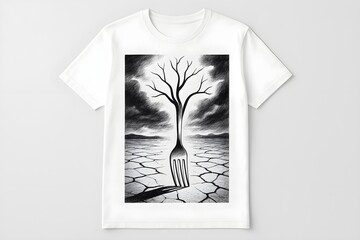 White t-shirt with artistic design of a fork transforming into a barren tree over cracked earth, minimalist eco-fashion apparel reflecting climate change awareness and sustainability