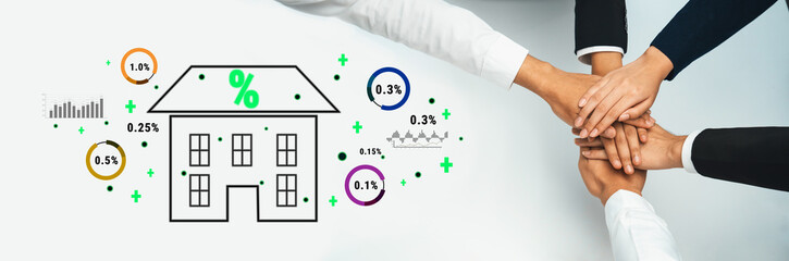 Diverse team of professionals collaborate to discuss real estate investment, showcasing teamwork in modern workspace with visual growth indicators and house illustration. Trope