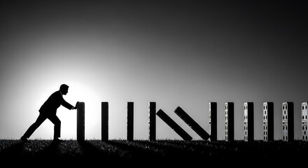 Businessman silhouette pushes domino to stop a chain reaction