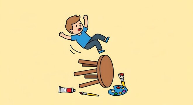 Vector illustration of a little boy falling off a chair, a domestic accident concept related to child safety and clumsiness