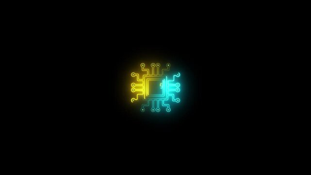 Glowing Neon Microchip Circuit Board Icon on Black Background technology computer  4k video.