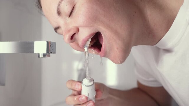 A young woman uses a portable water flosser for oral care in the bathroom. Concept: personal hygiene and modern dental care routine.