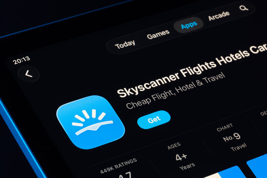 Skyscanner search result on iPad App Store using Apple Liquid Glass design in iOS 26, modern translucent UI. Stafford, United Kingdom, September 29, 2025.