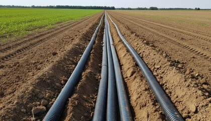 Medium shot of a tile drainage system in agricultural land showing perforated pipes installed underground to efficiently remove excess water from soil.